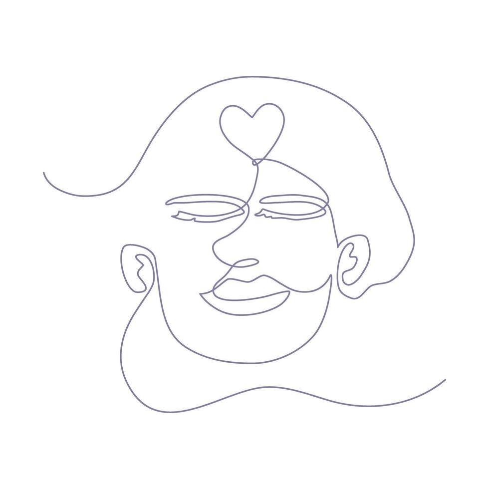 Continuous lineart of human face with heart shape symbol. vector