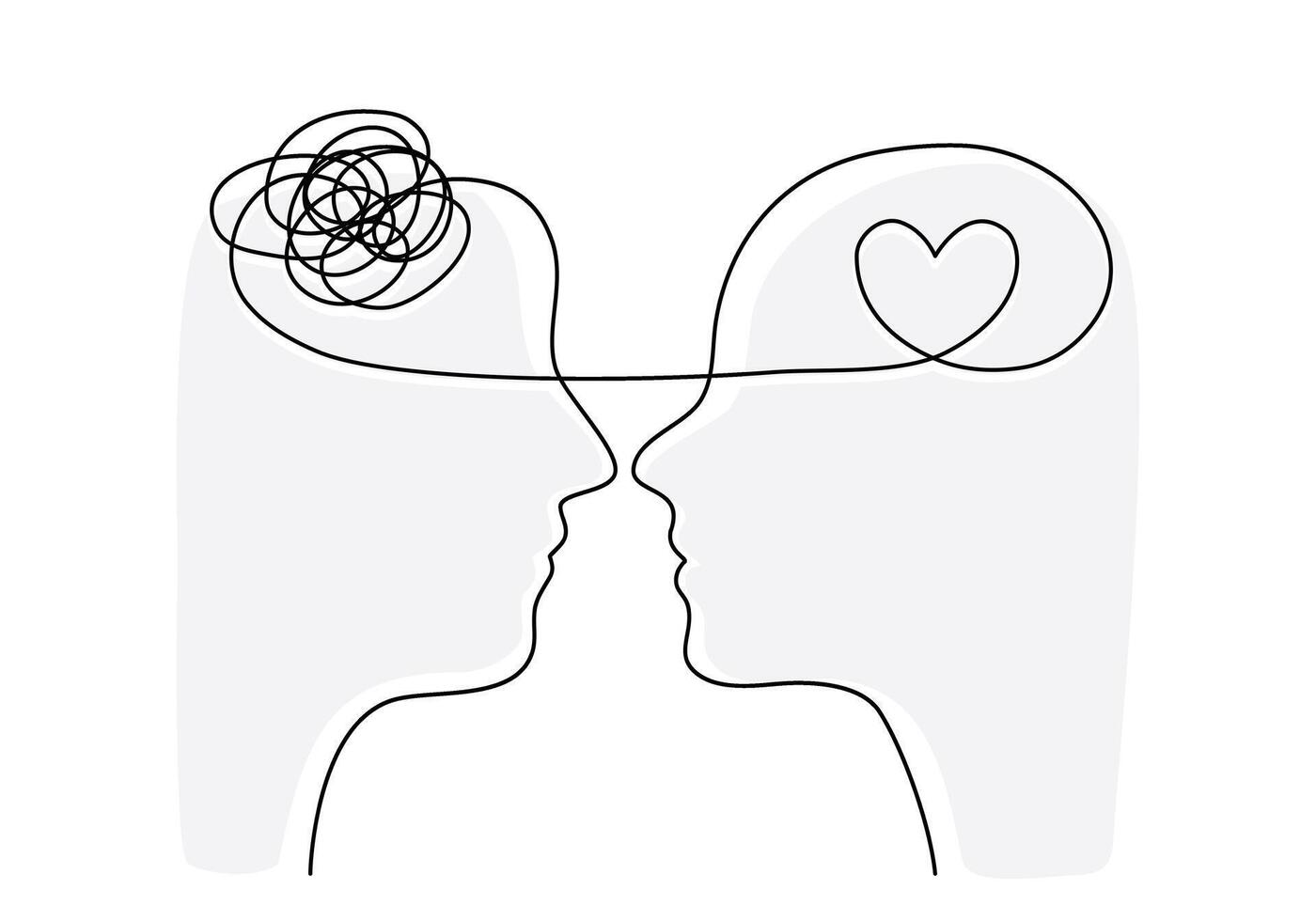 Continuous line art of two persons with stress and heart symbol, lineart illustration. vector