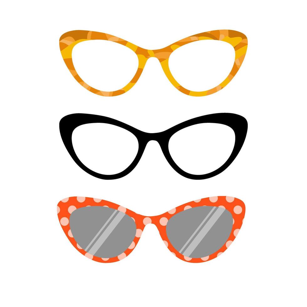 Silhouette set of cat eye glasses, eye glasses and sunglasses in flat . vector