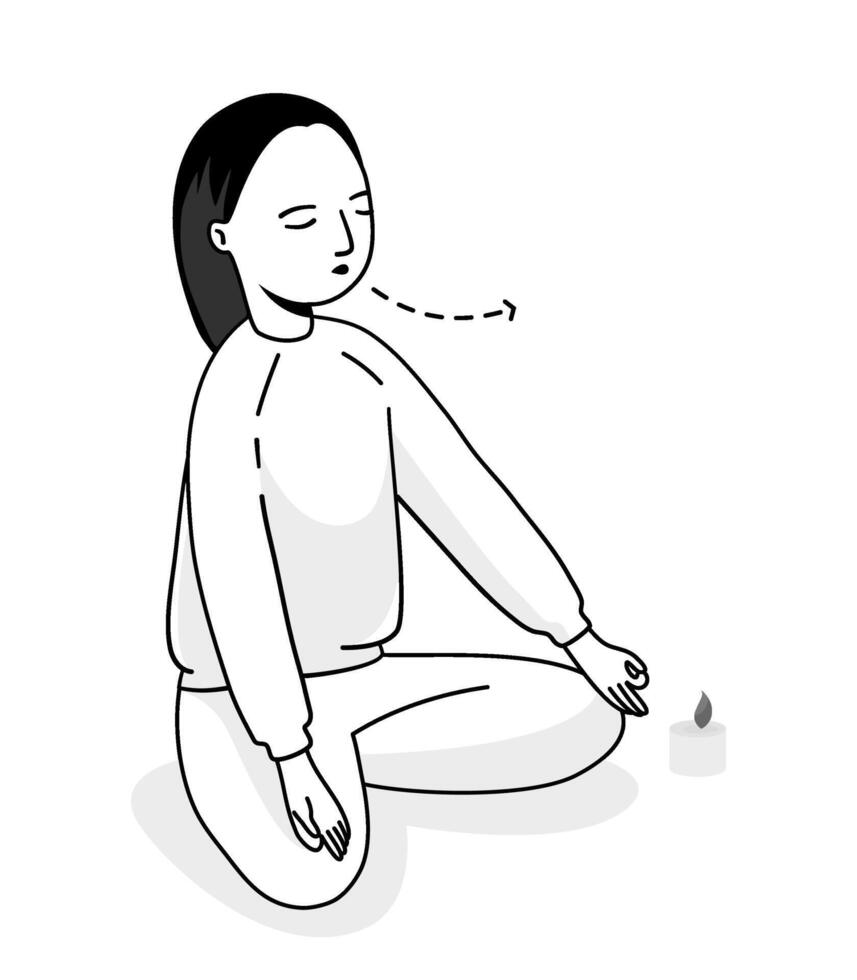 aislado de un niña meditando y respiración ejercicio, contorno ilustración. vector