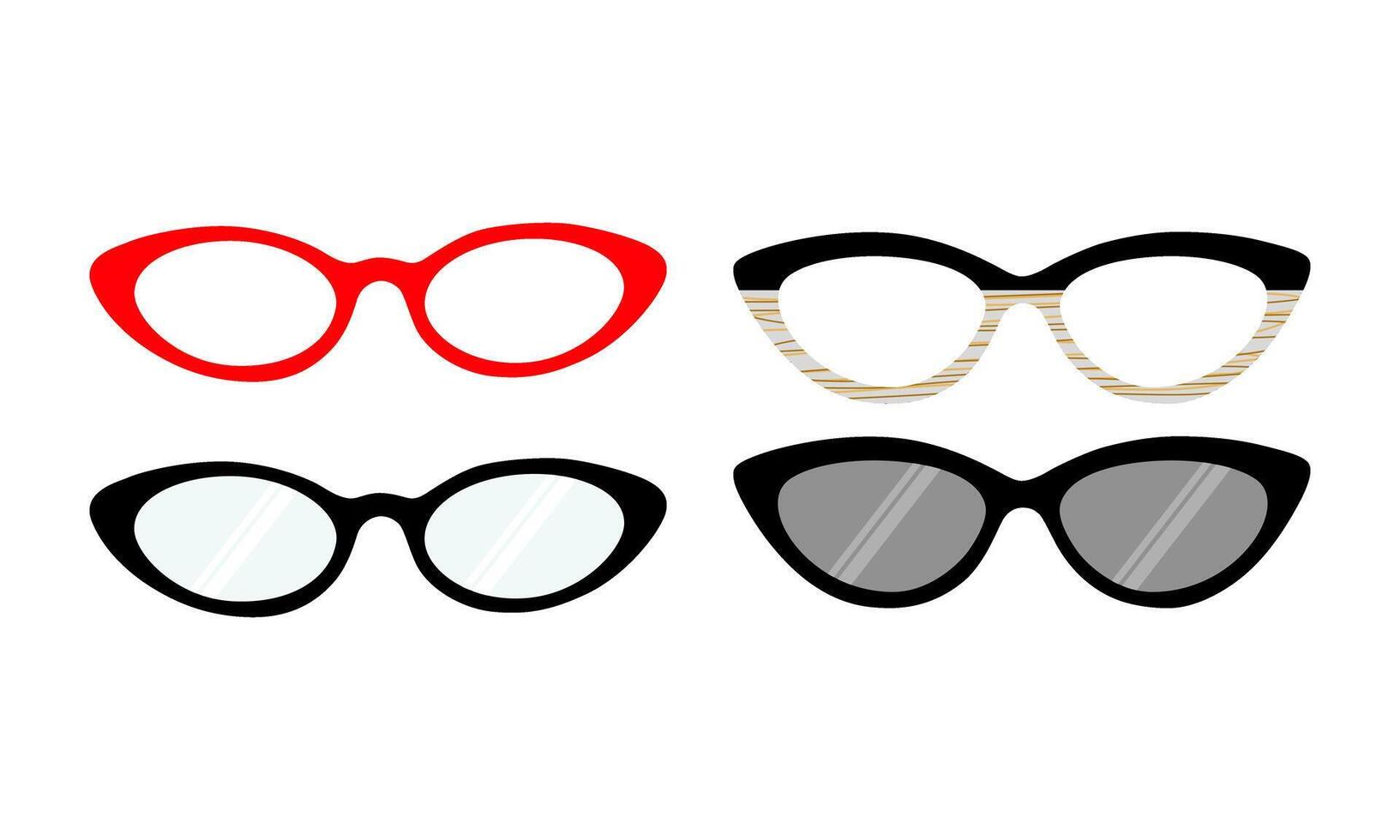 silueta conjunto de gato ojo anteojos, ojo lentes y Gafas de sol en plano . vector