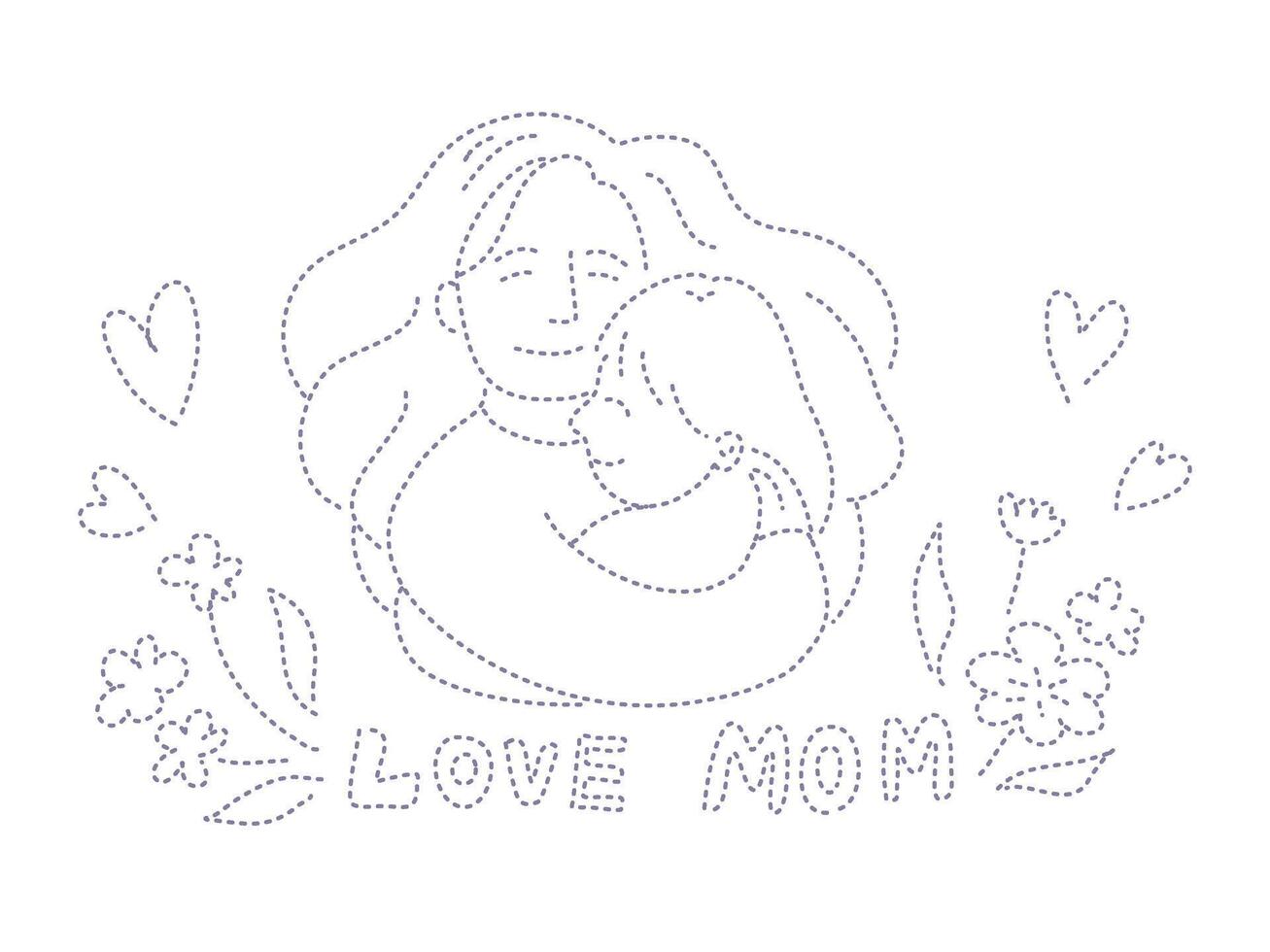 Handdrawn mom hugging child, mother's day concept. Black and white dotted line drawing. vector