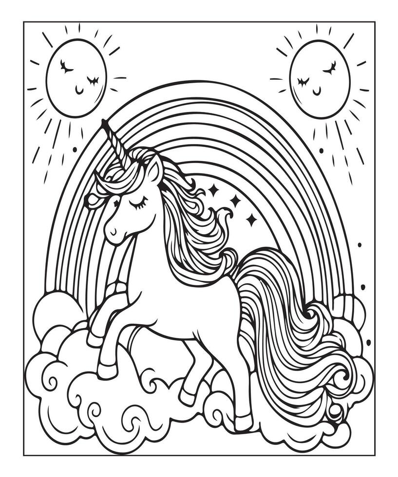 cute unicorn illustration coloring page for kids vector