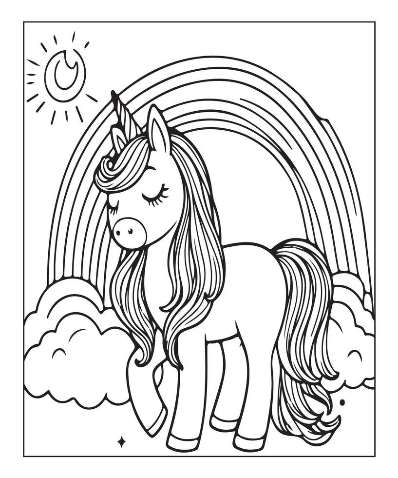 cute unicorn illustration coloring page for kids vector