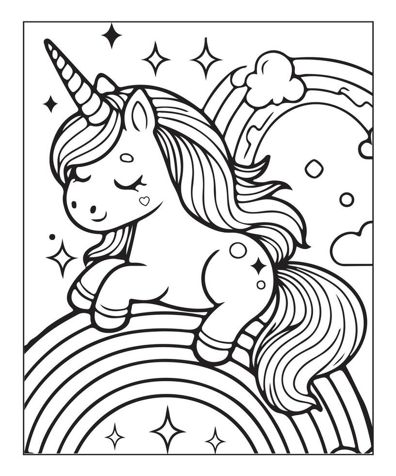cute unicorn illustration coloring page for kids vector