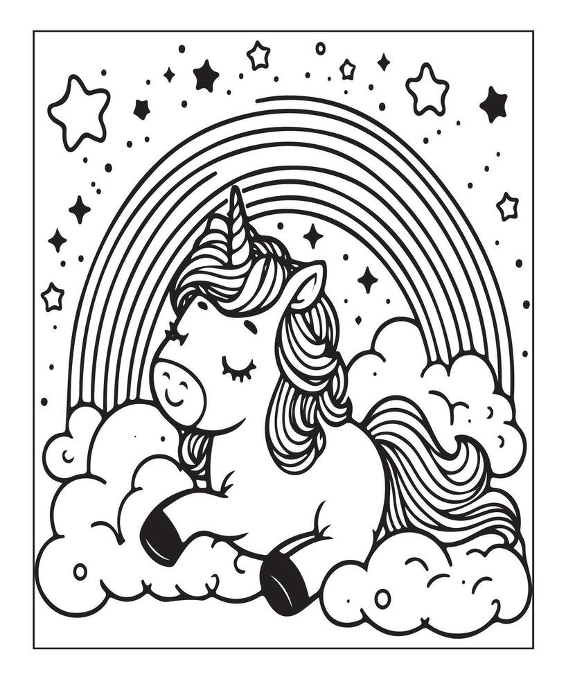 cute unicorn illustration coloring page for kids vector