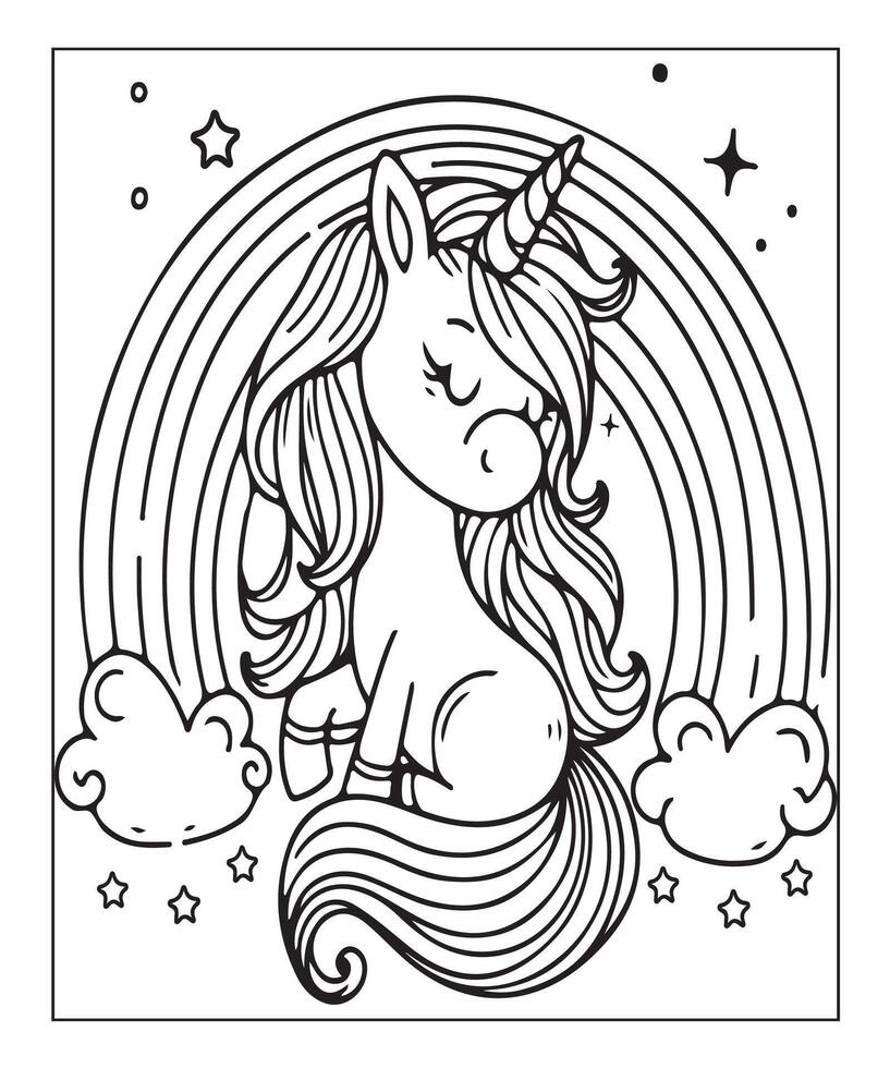 cute unicorn illustration coloring page for kids vector