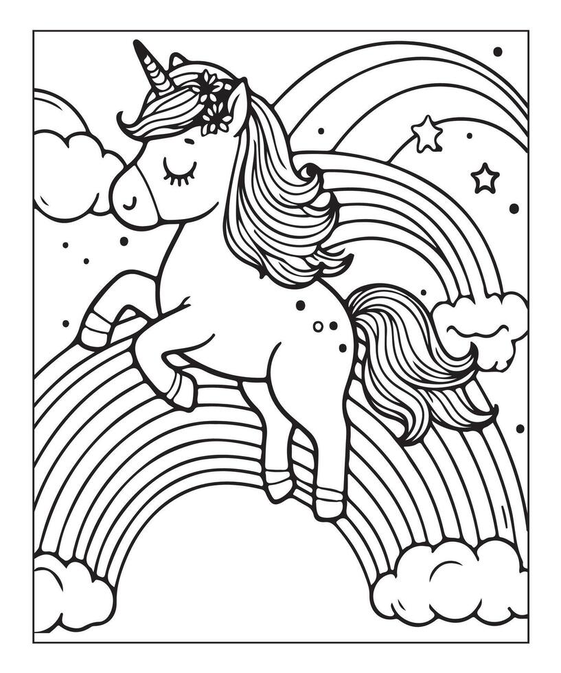 cute unicorn illustration coloring page for kids vector