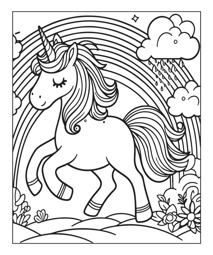 página para colorear de unicornio para niños vector