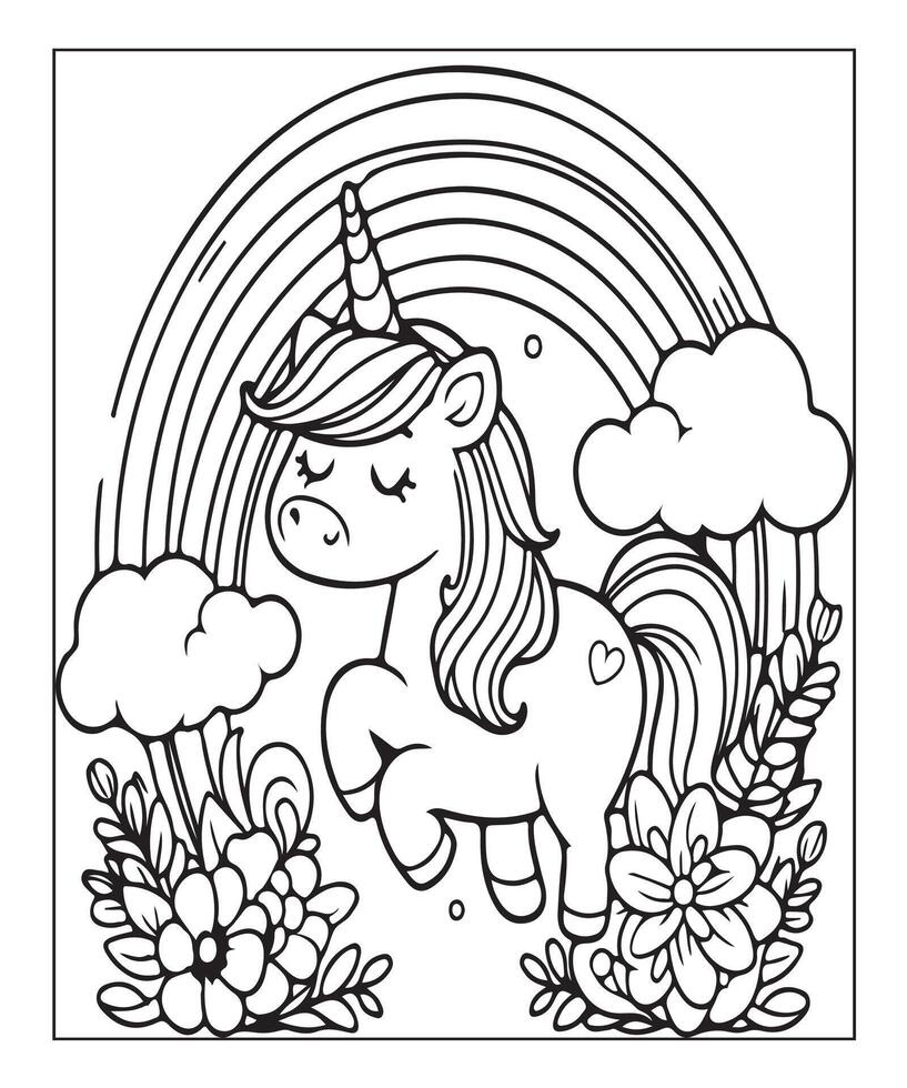 linda página para colorear de unicornio para niños vector