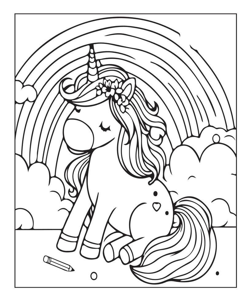 linda página para colorear de unicornio para niños vector