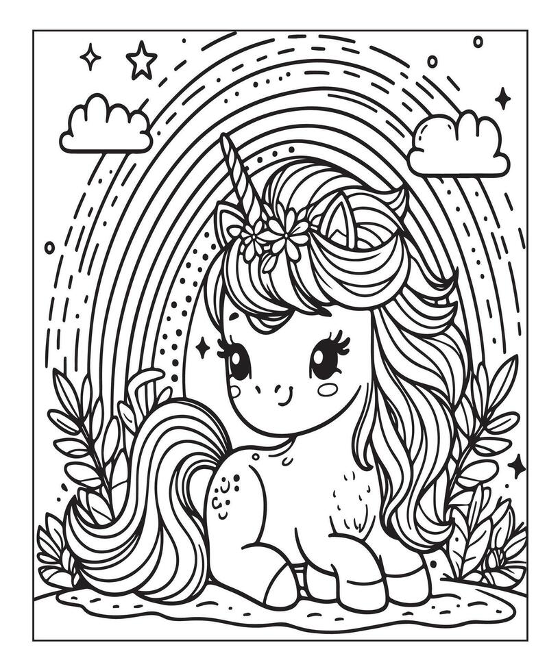 linda página para colorear de unicornio para niños vector