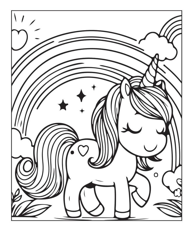 cute unicorn illustration coloring page for kids vector
