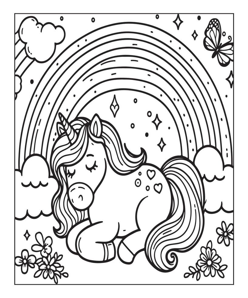 linda página para colorear de unicornio para niños vector