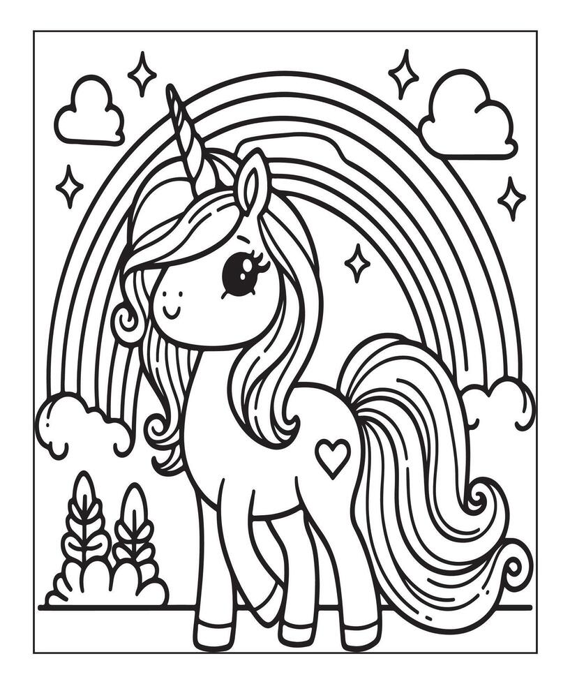 linda página para colorear de unicornio para niños vector