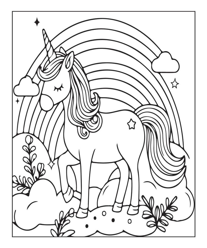 linda página para colorear de unicornio para niños vector