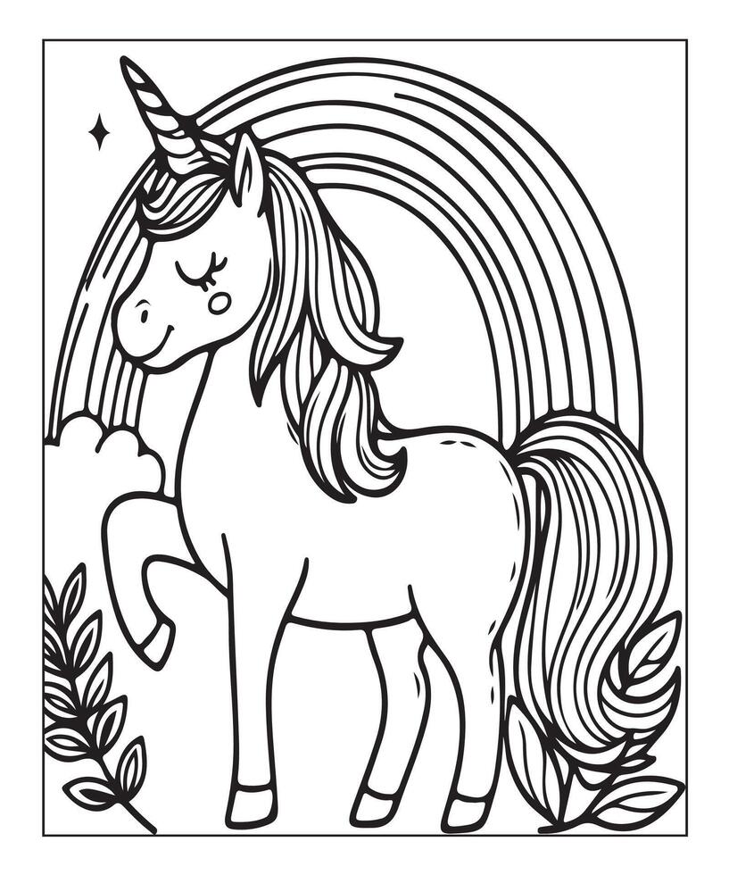 cute unicorn illustration coloring page for kids vector