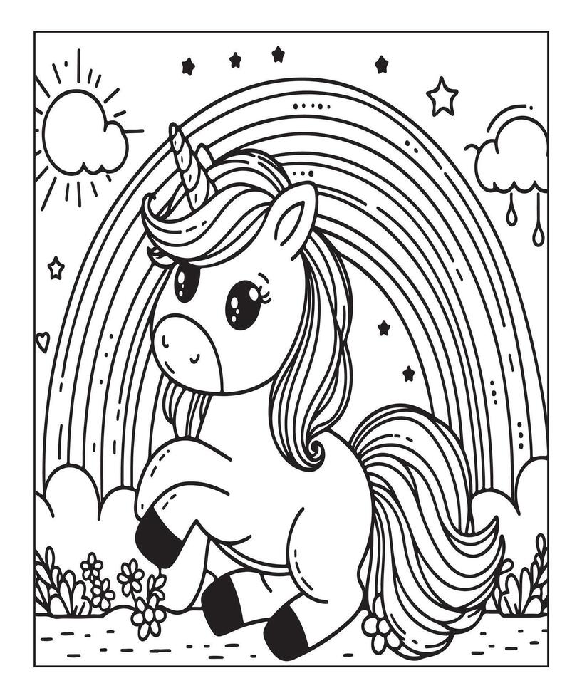 linda página para colorear de unicornio para niños vector