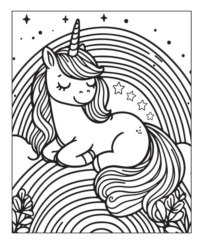 linda página para colorear de unicornio para niños vector