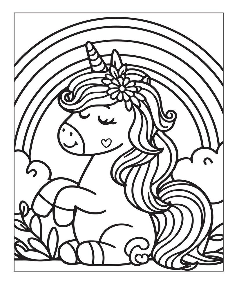 linda página para colorear de unicornio para niños vector