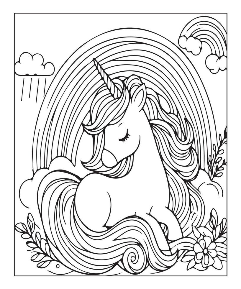 página para colorear de unicornio para niños vector