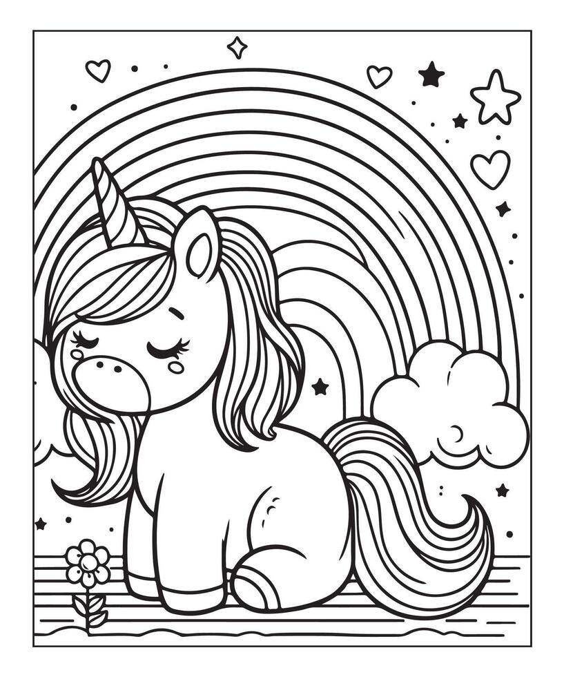 linda página para colorear de unicornio para niños vector