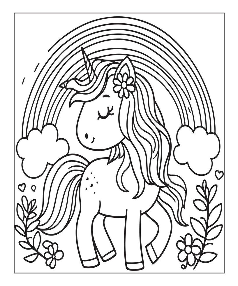 linda página para colorear de unicornio para niños vector