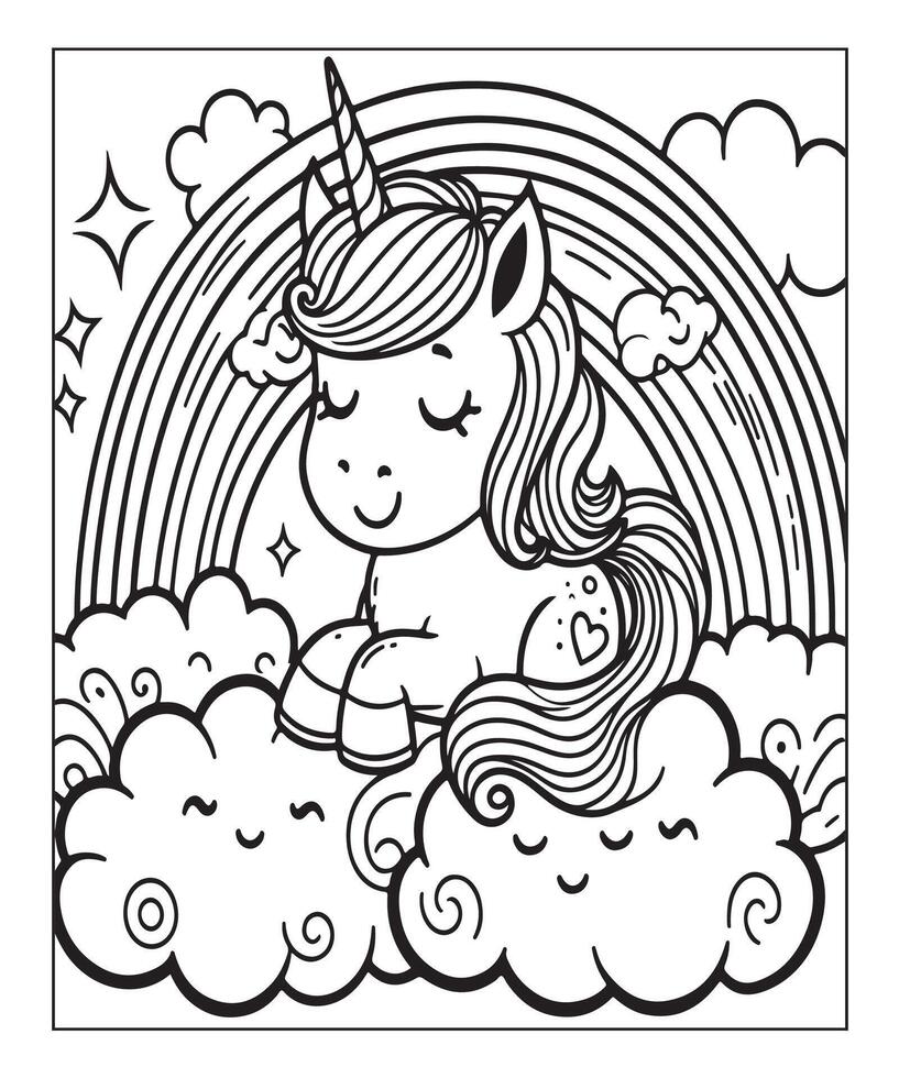 linda página para colorear de unicornio para niños vector