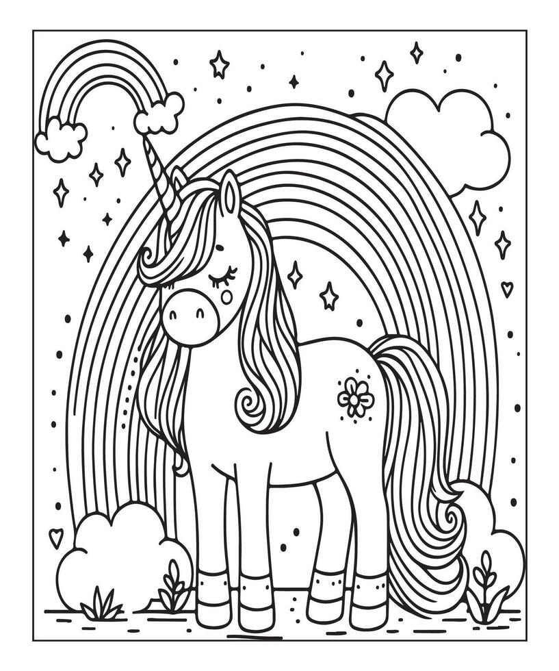 linda página para colorear de unicornio para niños vector