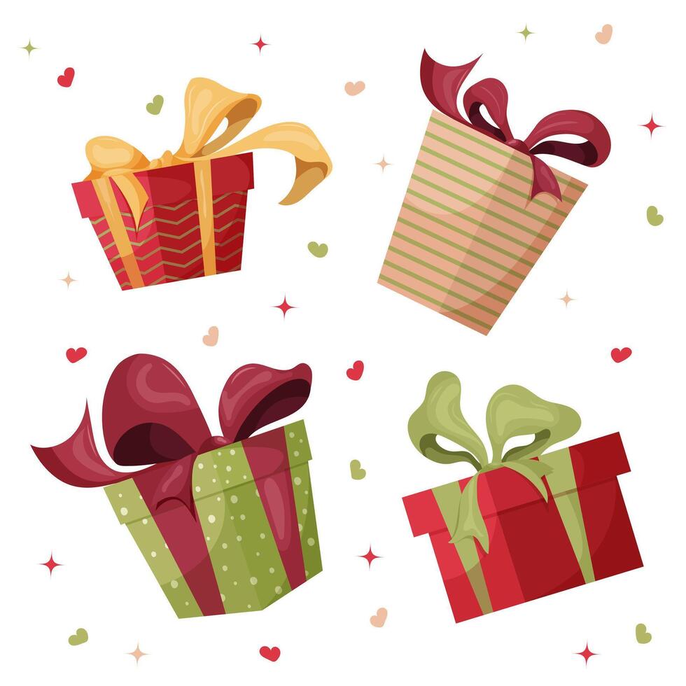 conjunto de regalos, regalos, regalo cajas con cintas un blanco aislar antecedentes con multicolor corazones, y estrellas. eso es un ilustración. vector