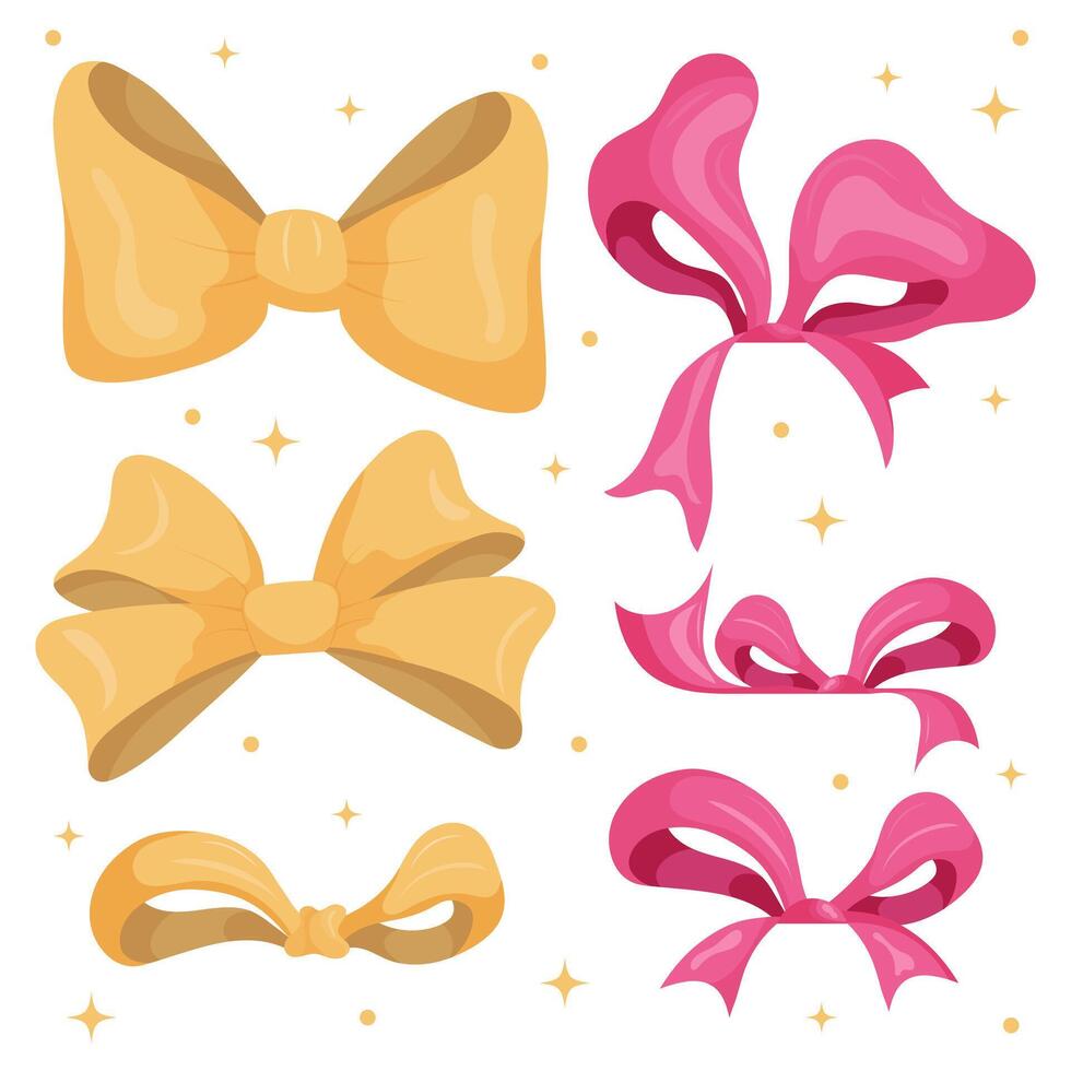 Gift bow decoration set in color yellow and pink. It is a illustration set. vector