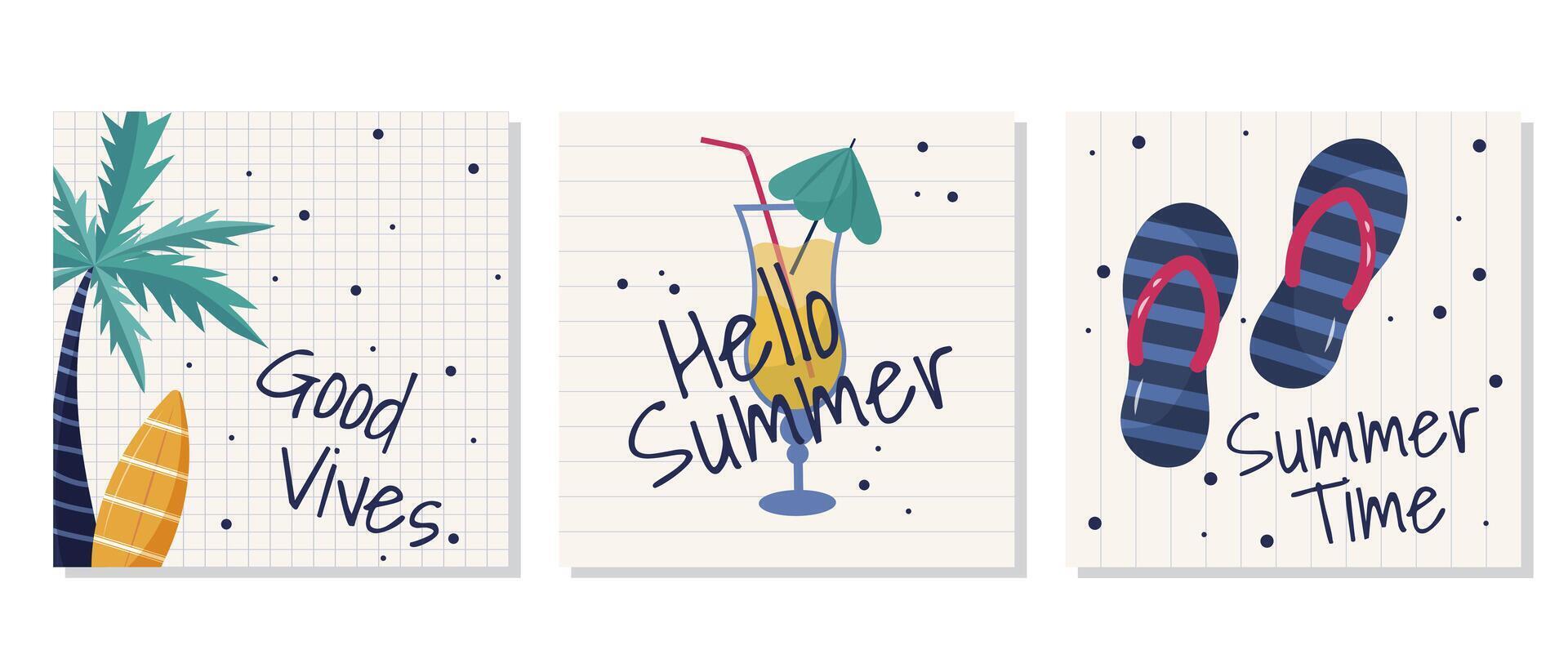conjunto de verano tarjetas con un palma árbol, tabla de surf y zapatillas en un a cuadros papel antecedentes en un plano ilustración aislado en un blanco antecedentes. eso es un mano dibujado tipografía póster diseño. vector