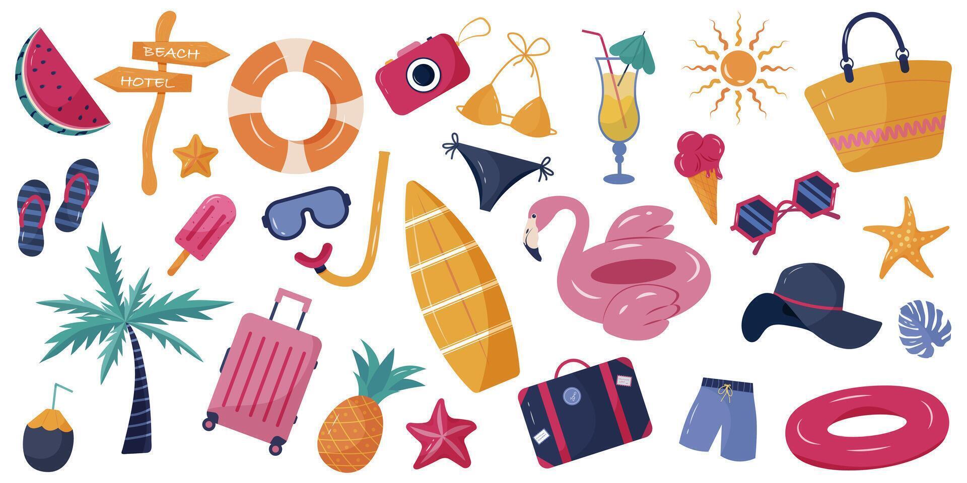 Big collection of summer beach elements, luggage and travel accessories with swimming suits, flamingo cocktails and watermelons. Flat illustration set on white background. Hand drawn vector