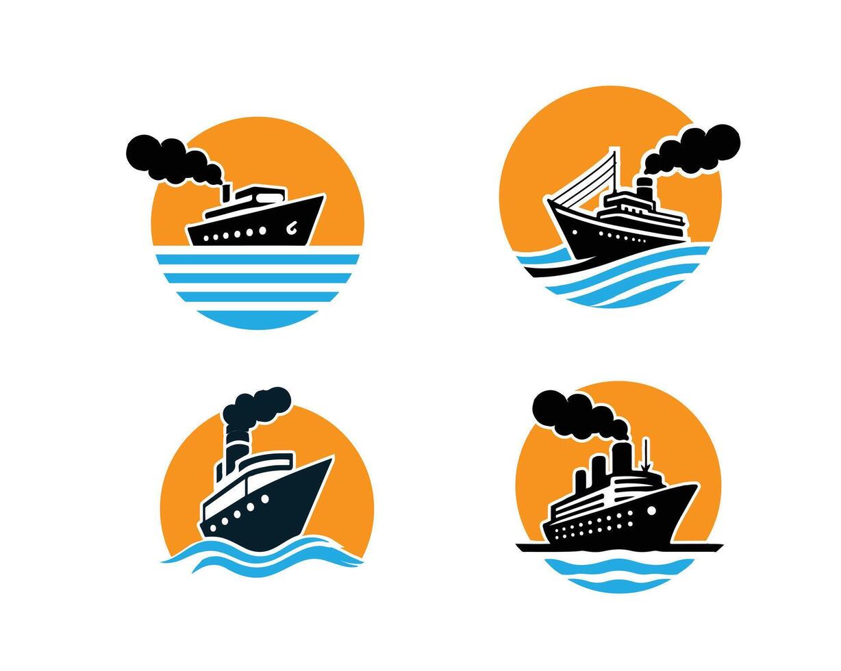 sailing ship and sun logo set vector