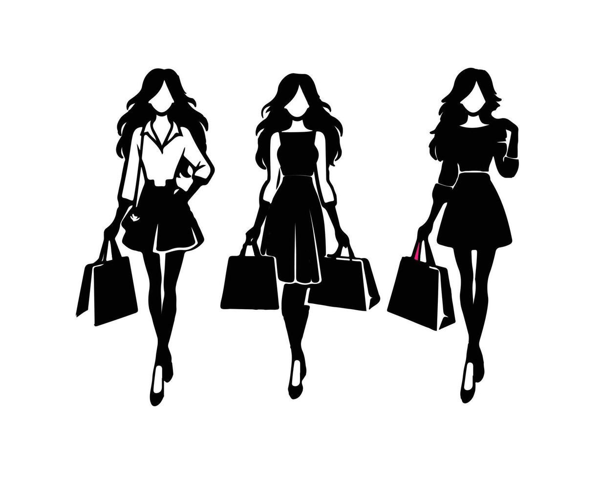 shop girls with paper bag vector