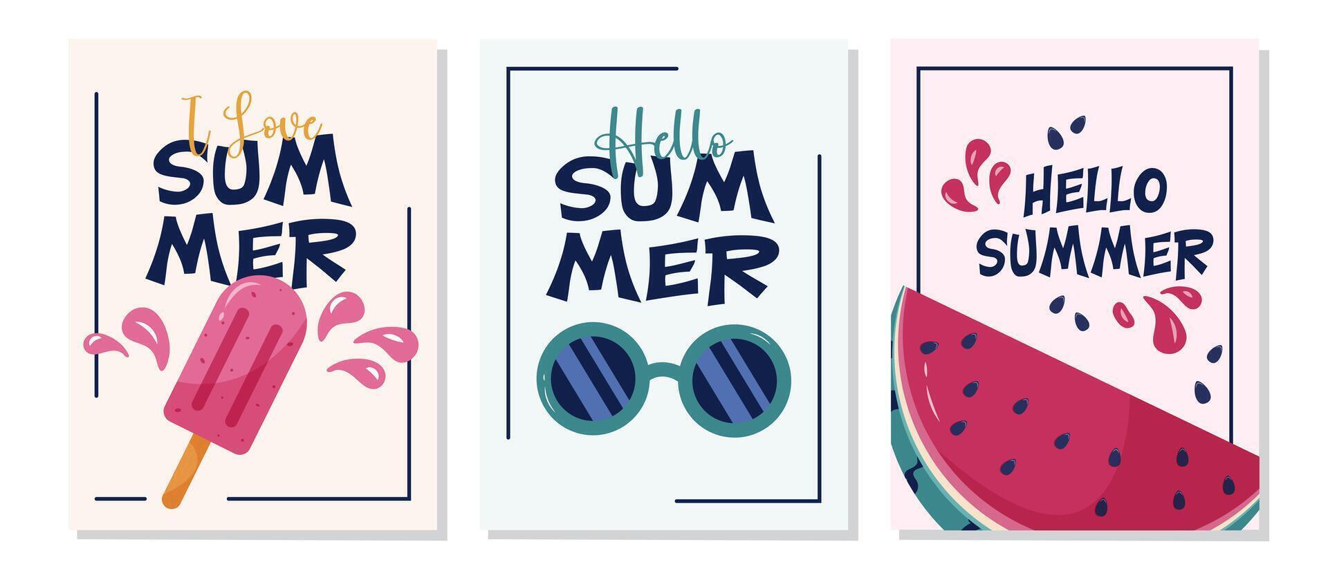 Set of summer posters with watermelon, sunglasses and ice cream on a white background as flat illustrations. The set collection could be used for designing greeting cards, posters or banners. vector