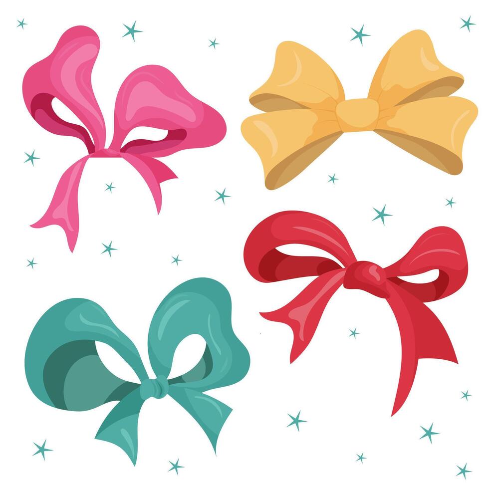Colorful ribbon bow set, gift bows. Bowknot for decoration on an isolated white background with stars. vector