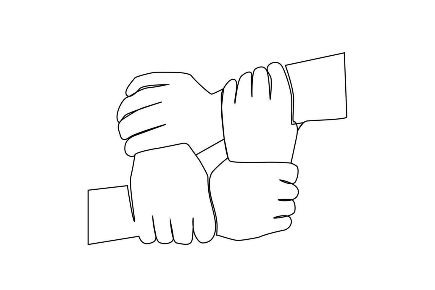 four people holding hands support together teamwork one line art design vector