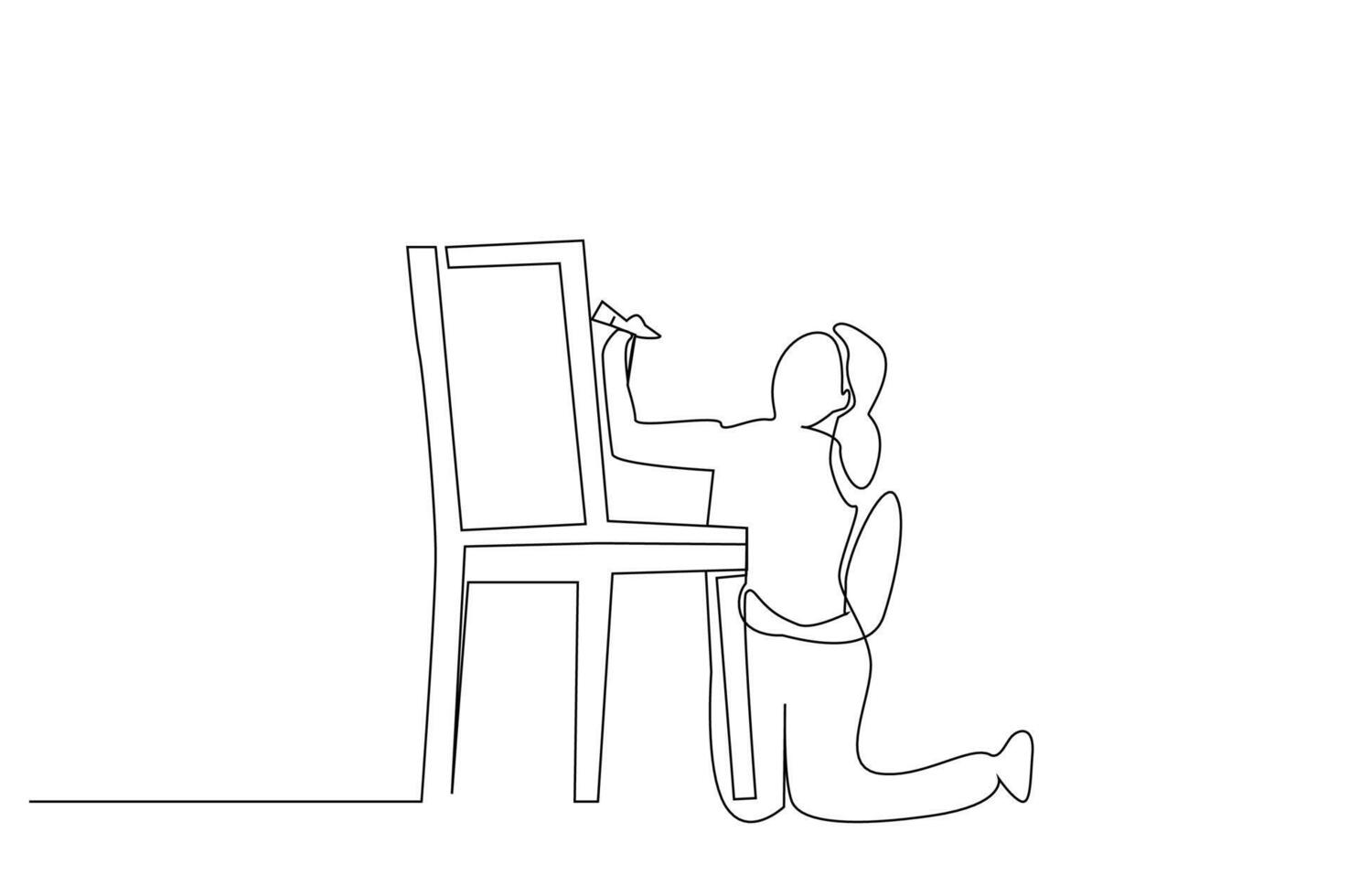 woman hobby chair paint restore repair one line art design vector