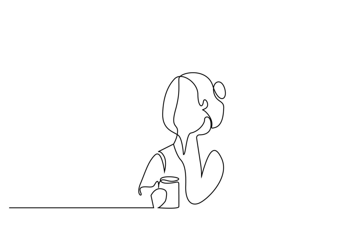 woman drinking coffee tea relax thinking at home watching outside looking free time one line art design vector