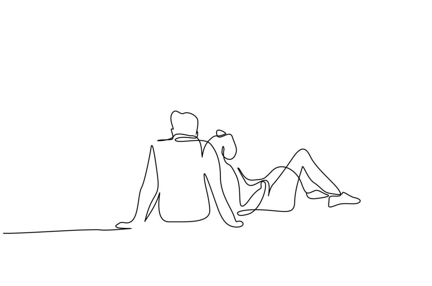 loving couple sitting together outside in the park in nature back behind rear view one line art design vector