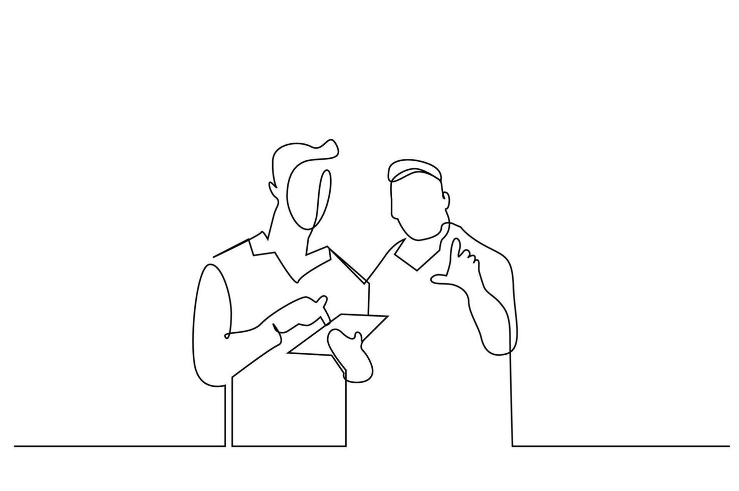 dos masculino empleados demostración tableta plan programa señalando señalando hablando uno línea Arte diseño vector