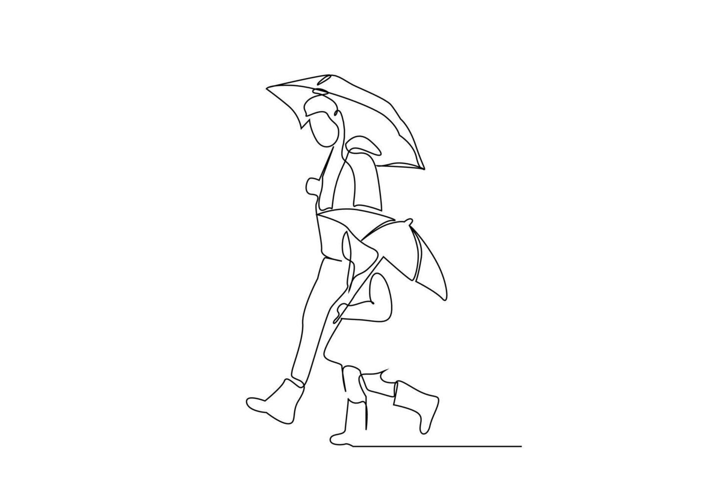 mother and her little daughter walking together with umbrella rainy day life full body length line art design vector