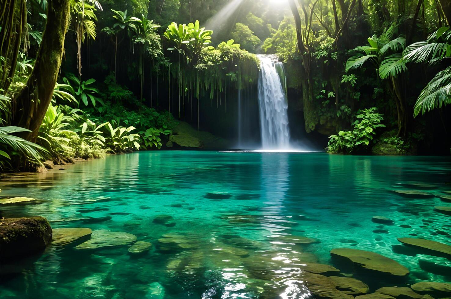 Enchanting Waterfall Oasis A Serene Tropical Forest Escape. Beautiful Waterfall in The Jungle photo