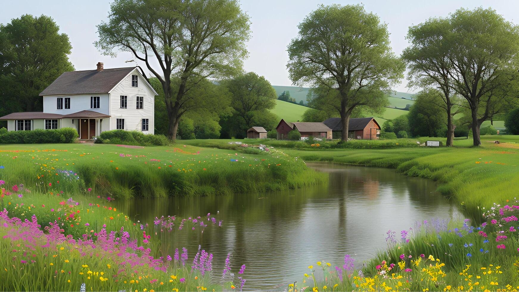un imagen de paz sereno blanco casa de Campo con un río vista, casa en el lago, antiguo casa a el lago. foto