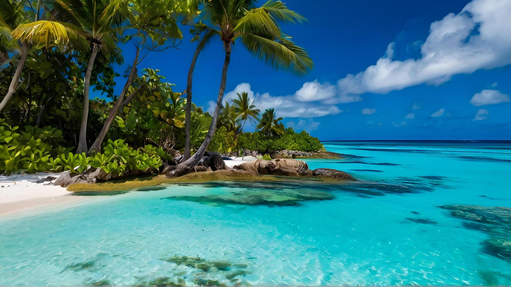 Tropical Paradise Crystal Clear Turquoise Waters, Lush Green Palm Trees. Beach Panorama with Blue Water and Palm Trees. photo