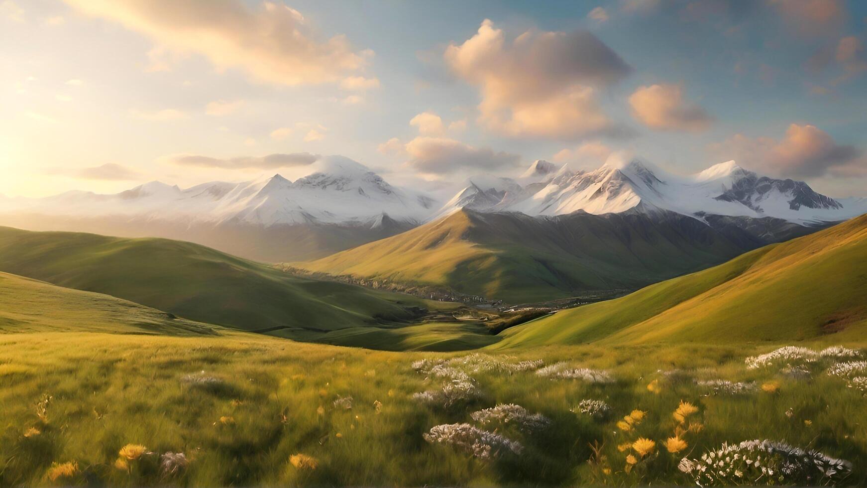 Breathtaking Panoramic View of Snow Capped Mountains Amidst Lush Green Valleys with Blooming Wildflowers Natures Paradise Landscape Photography photo