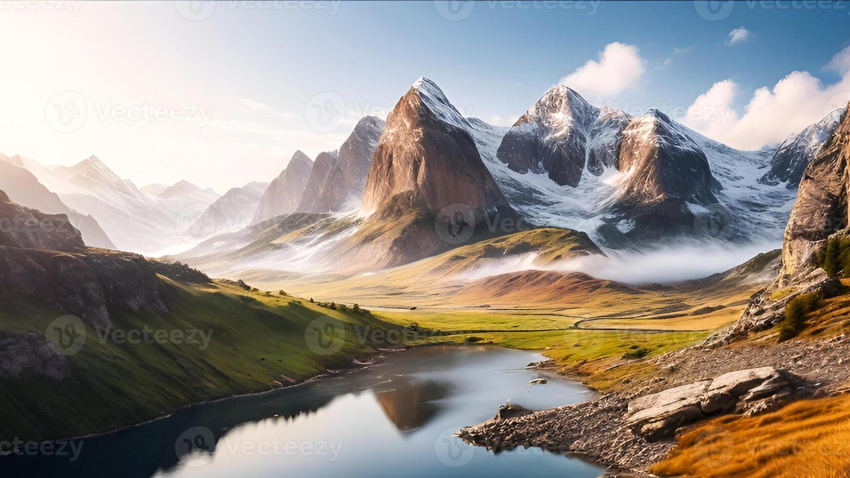 Majestic Mountain Peaks and Blooming Meadows. Landscape Illuminated by sun Light, Featuring Lush Green Hills and Serene Atmosphere. photo