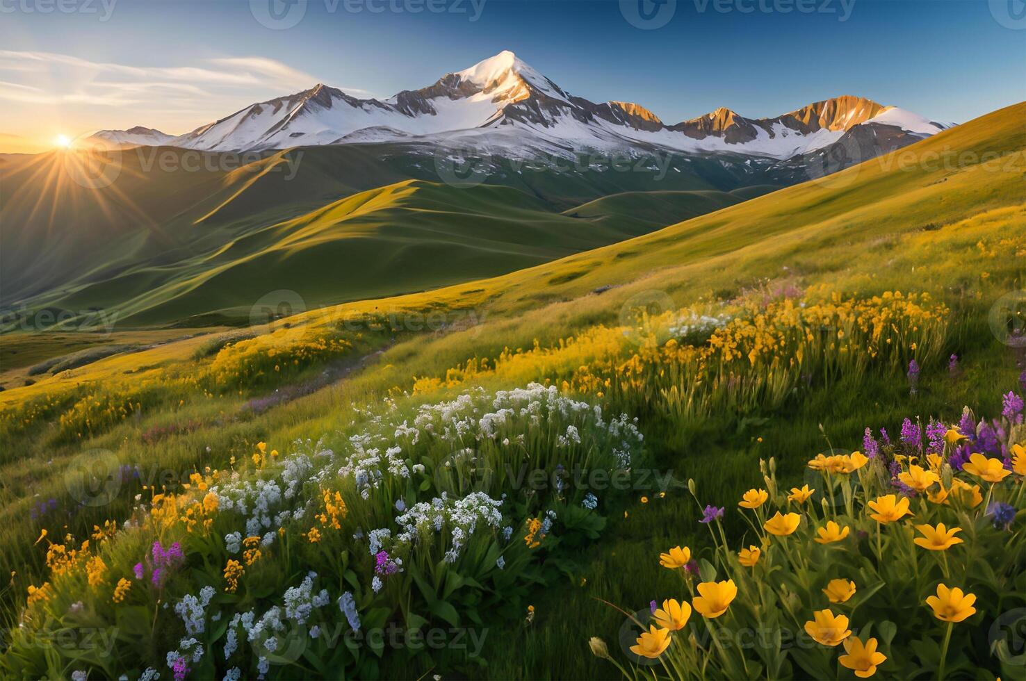 Breathtaking Sunrise Over Lush Green Meadows with Blooming Wildflowers at the Foot of Majestic Snow Capped Mountains Nature Beauty Unleashed photo