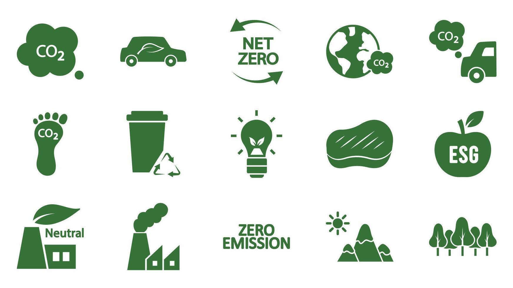 Icon collection with zero emissions esg symbol concept. greenhouse gas carbon credit design set. protect ecological green glyph. carbon net zero neutral natural. carbon footprint art pictogram vector